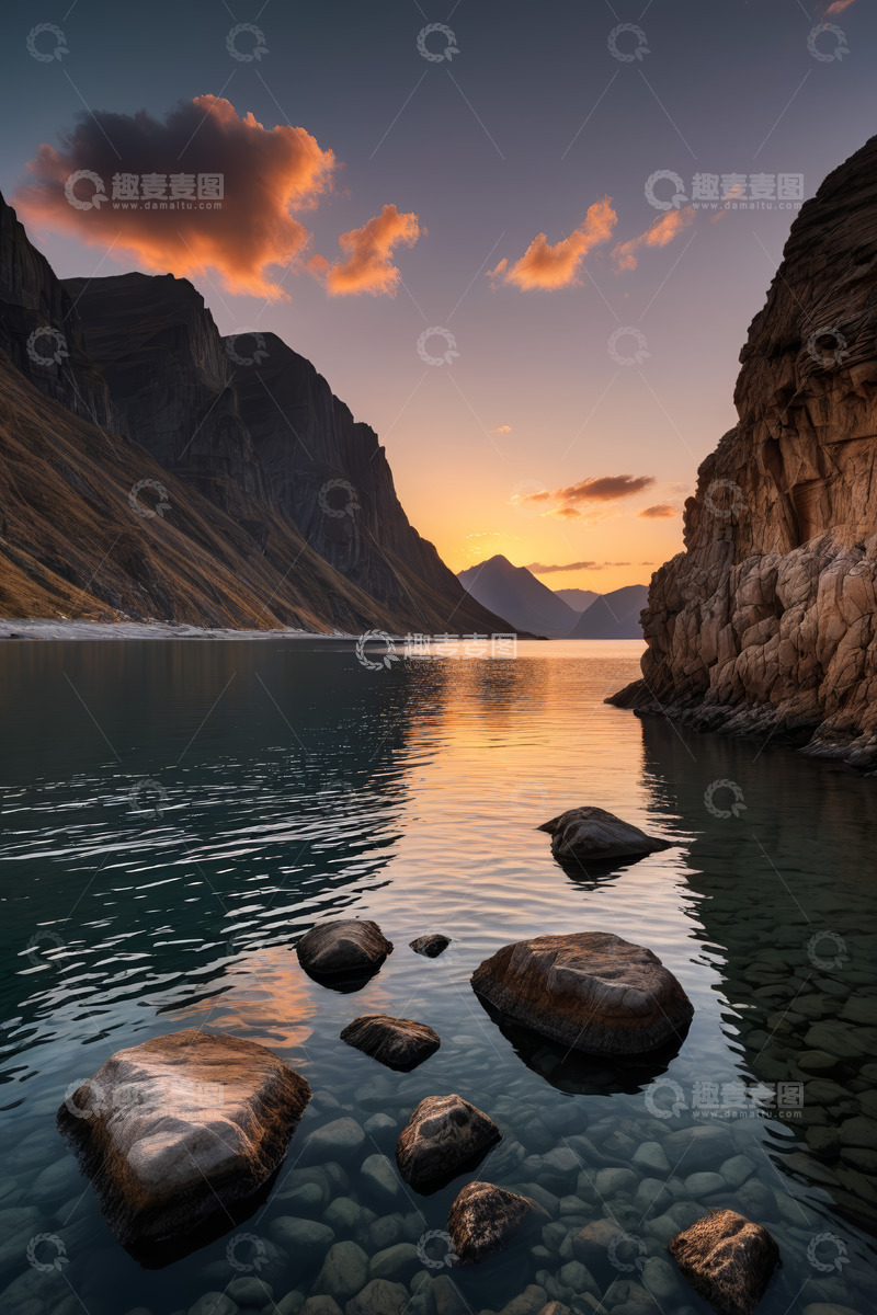 高清大图下载【趣麦麦图】山水间日落时分的静谧湖面