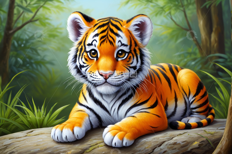 高清大图下载【趣麦麦图】森林中的小老虎趴卧画面