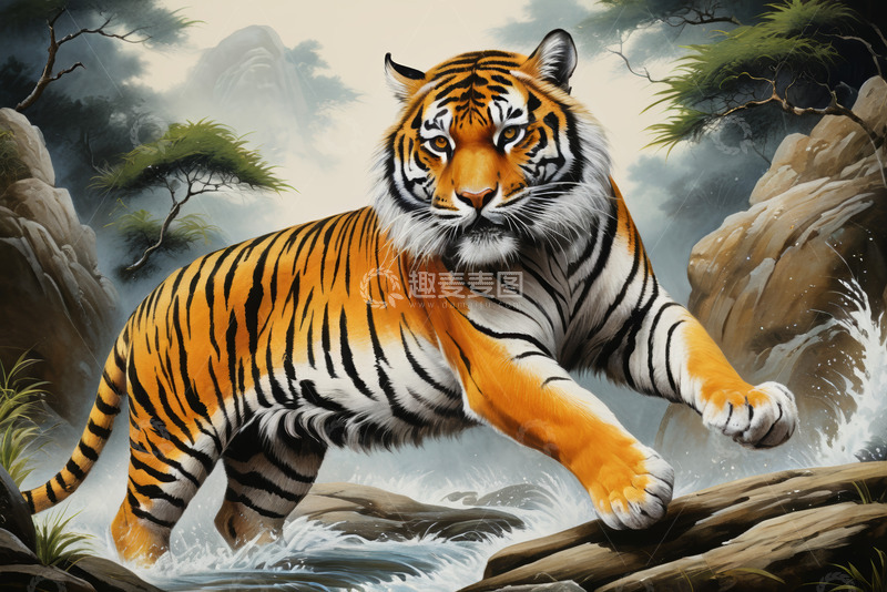 高清大图下载【趣麦麦图】山林中行走的老虎插画素材