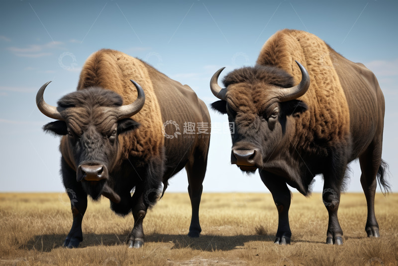 高清大图下载【趣麦麦图】草原上的两头野牛特写