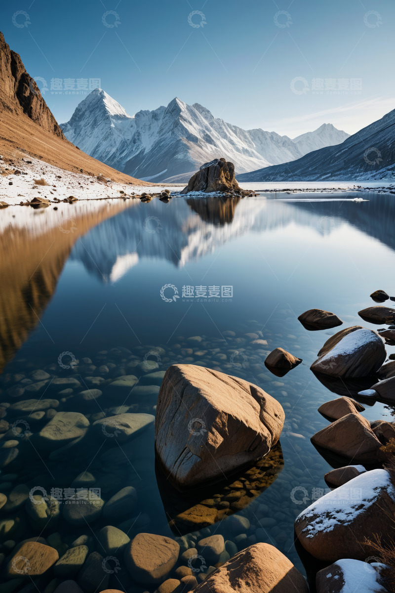 高清大图下载【趣麦麦图】雪山下宁静的湖泊风光