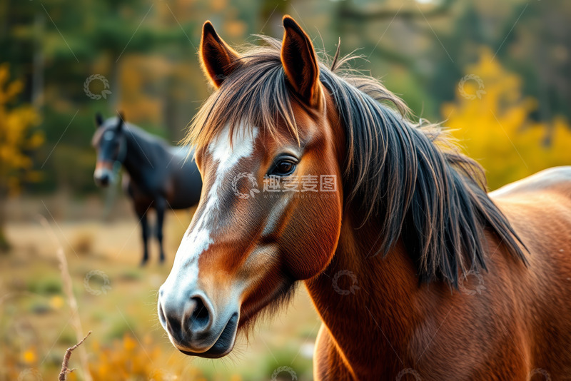 高清大图下载【趣麦麦图】户外草地上的两匹马