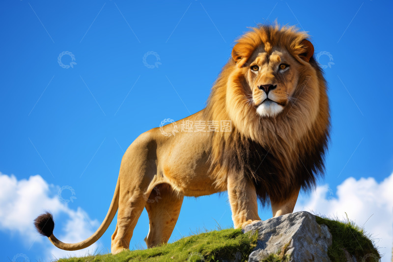 高清大图下载【趣麦麦图】站立于草地岩石上的雄狮