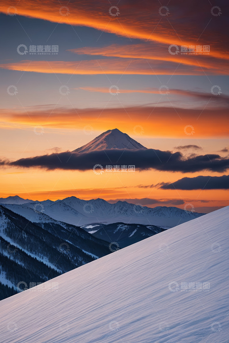 雪山与绚烂晚霞自然景观