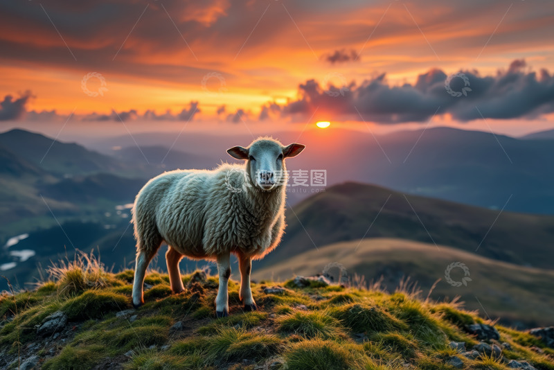 高清大图下载【趣麦麦图】山顶站立的绵羊与日落风光