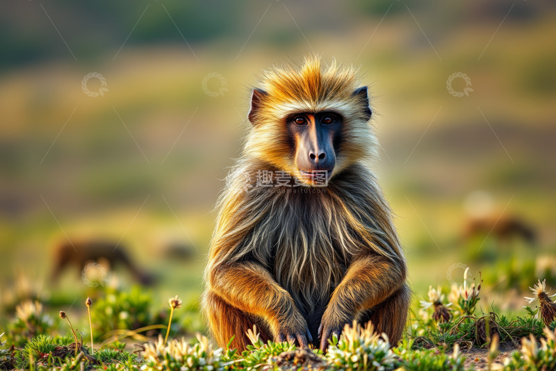 高清大图下载【趣麦麦图】草原上坐立的狒狒