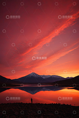 湖畔单人赏壮丽晚霞雪山景观