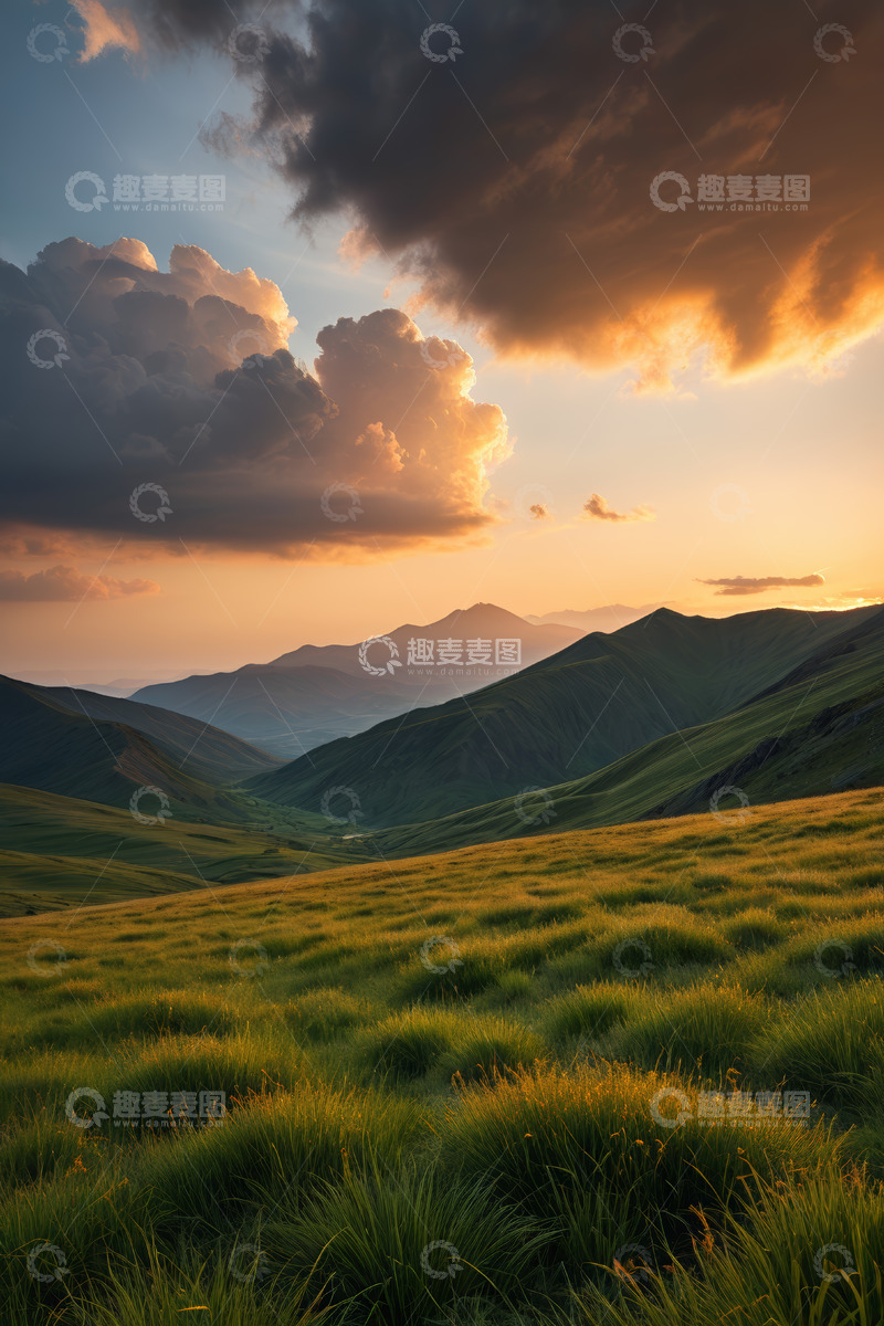 高清大图下载【趣麦麦图】山间草原日落自然风光