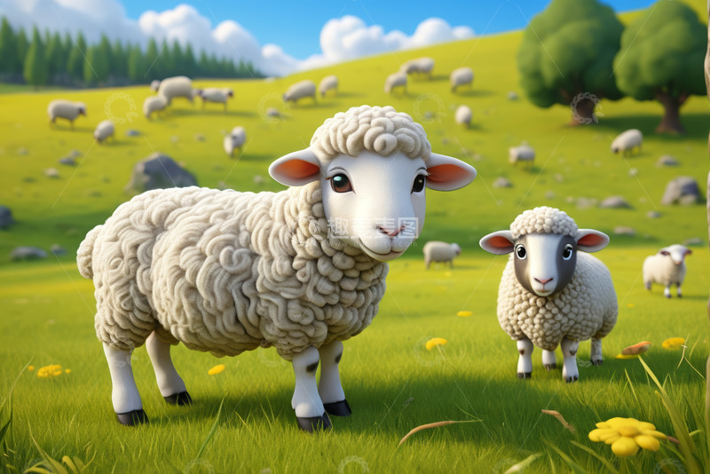 高清大图下载【趣麦麦图】草原上可爱的卡通绵羊群