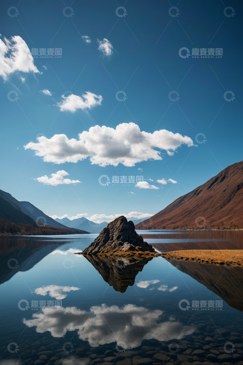 高清大图下载【趣麦麦图】蓝天白云下的湖泊与远山风景