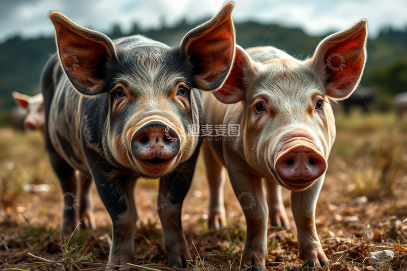 高清大图下载【趣麦麦图】田野中的两只小猪特写