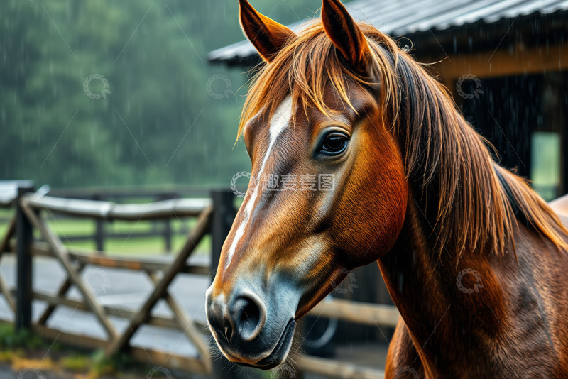 高清大图下载【趣麦麦图】雨中农场的棕色骏马特写