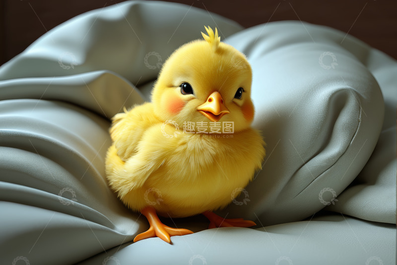 高清大图下载【趣麦麦图】可爱小黄鸡坐于柔软织物上