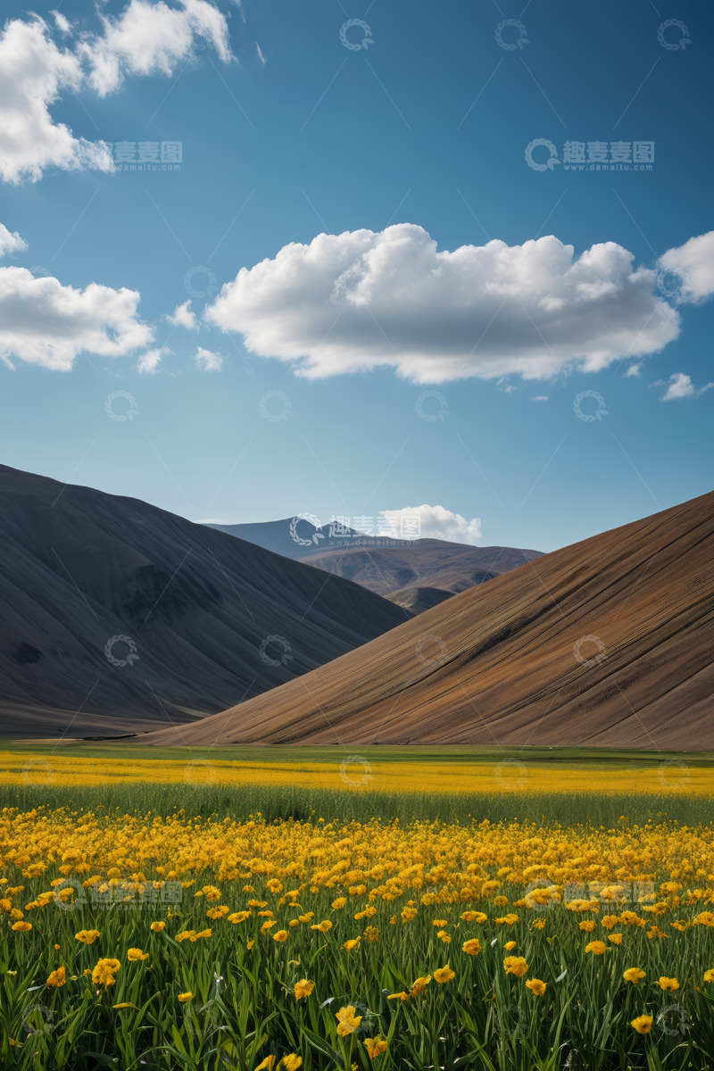 高清大图下载【趣麦麦图】山间黄花草甸与蓝天白云景观