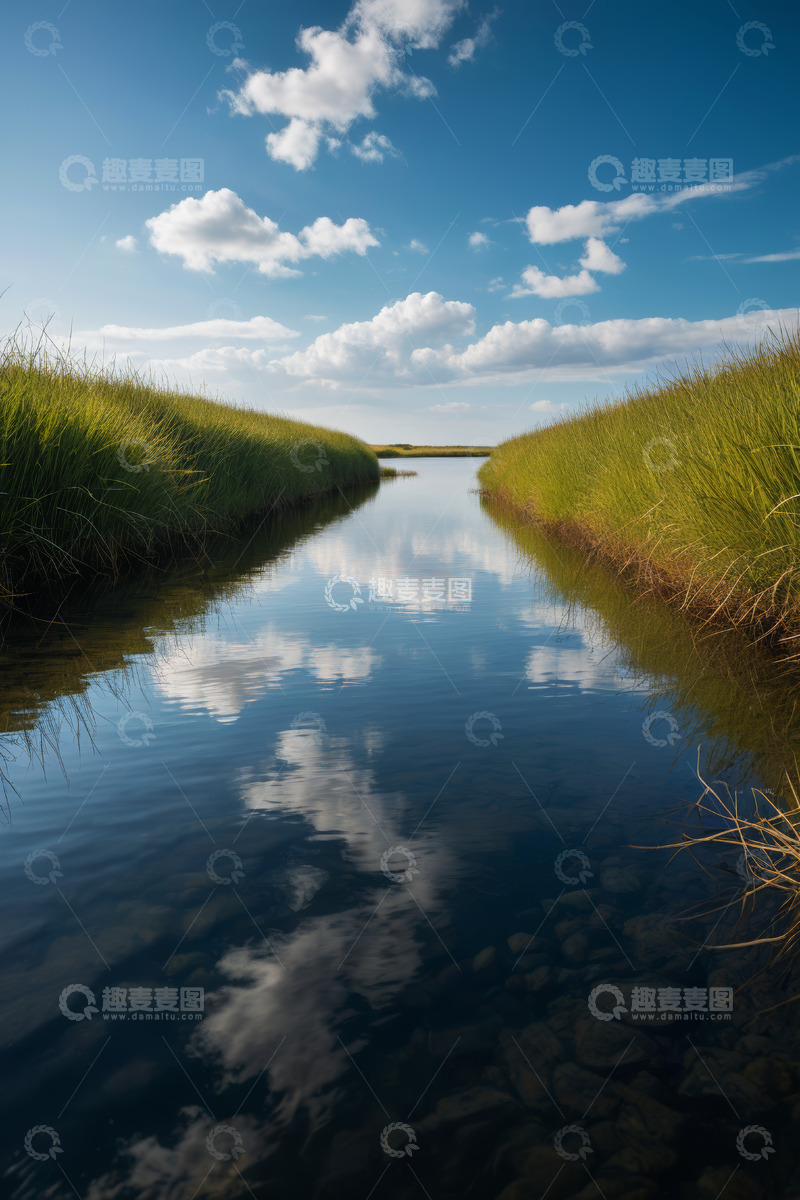 高清大图下载【趣麦麦图】蓝天白云下的宁静小河风光