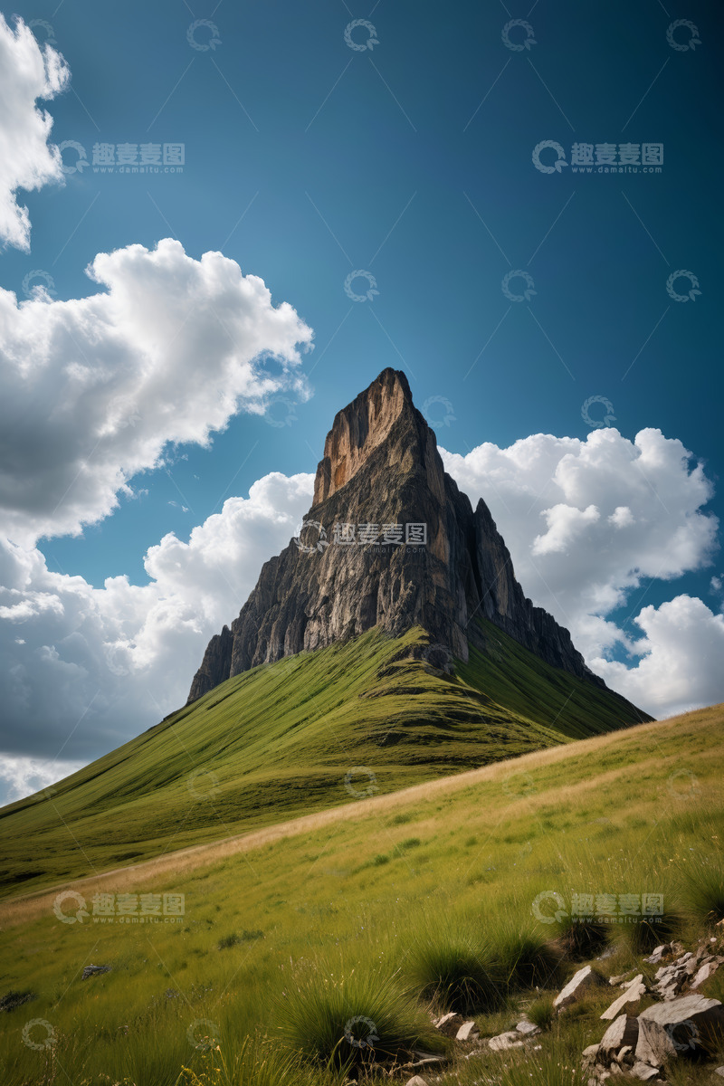 高清大图下载【趣麦麦图】蓝天白云下的高山草地景观