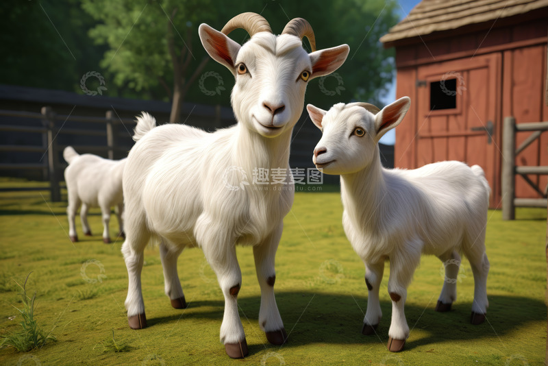 高清大图下载【趣麦麦图】农场中站立的山羊和小羊