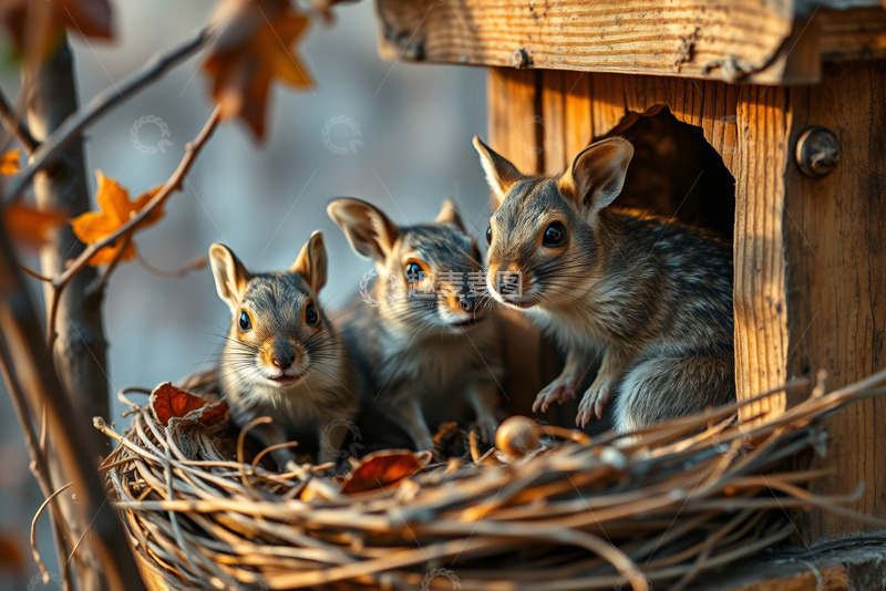 高清大图下载【趣麦麦图】三只松鼠在鸟巢和木屋旁