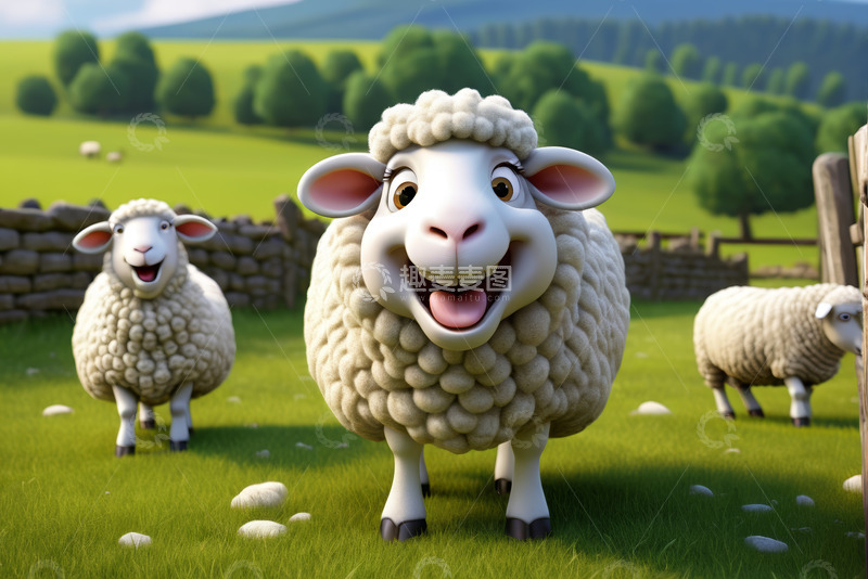 高清大图下载【趣麦麦图】草地上的卡通绵羊