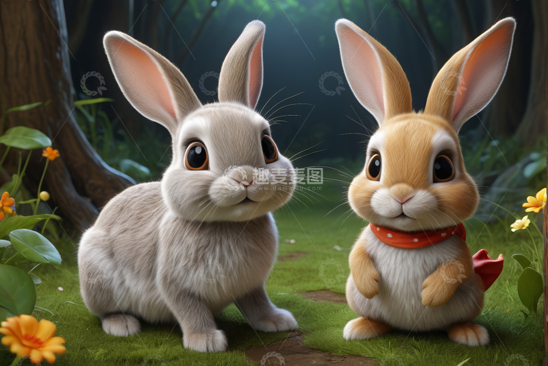 高清大图下载【趣麦麦图】森林中两只可爱的卡通兔子