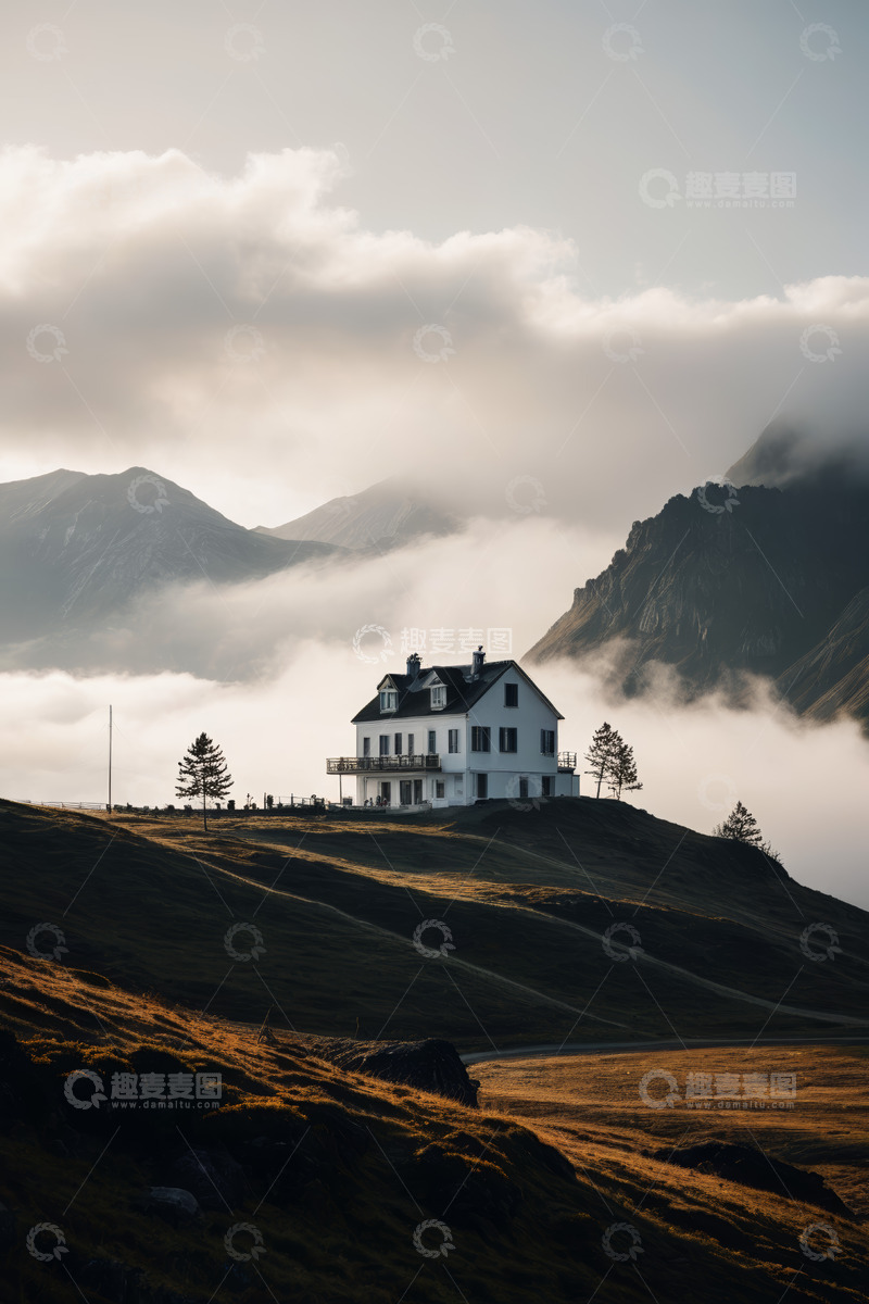 高清大图下载【趣麦麦图】山间小屋云雾环绕风景