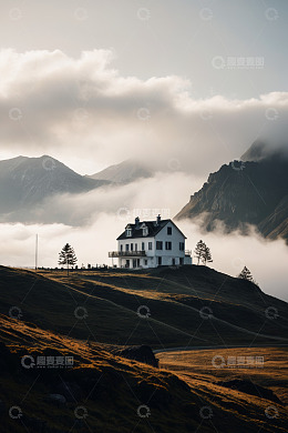山间小屋云雾环绕风景