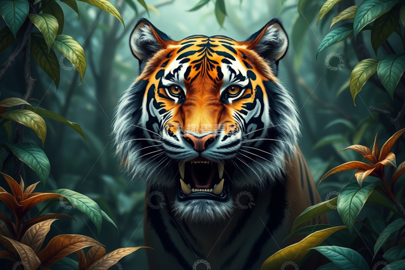 高清大图下载【趣麦麦图】丛林中咆哮的老虎