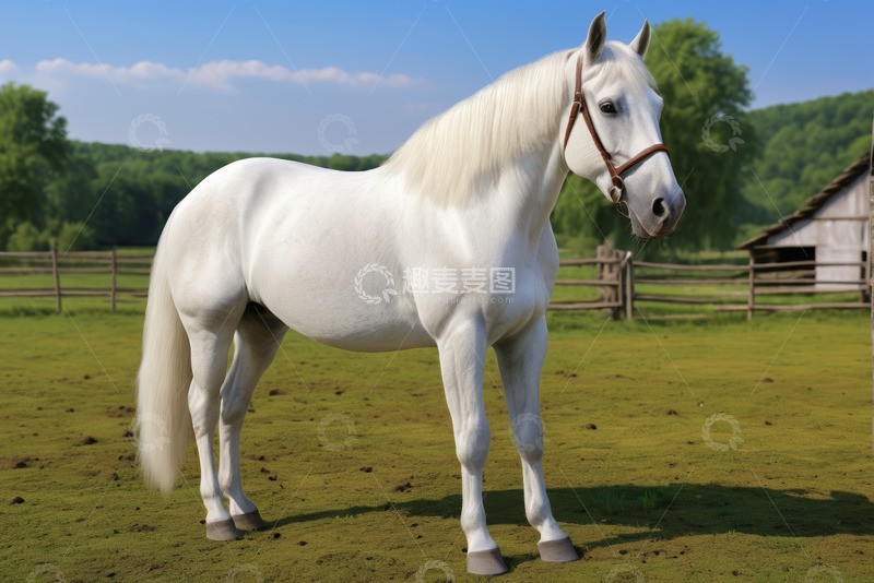 高清大图下载【趣麦麦图】牧场中站立的白色骏马