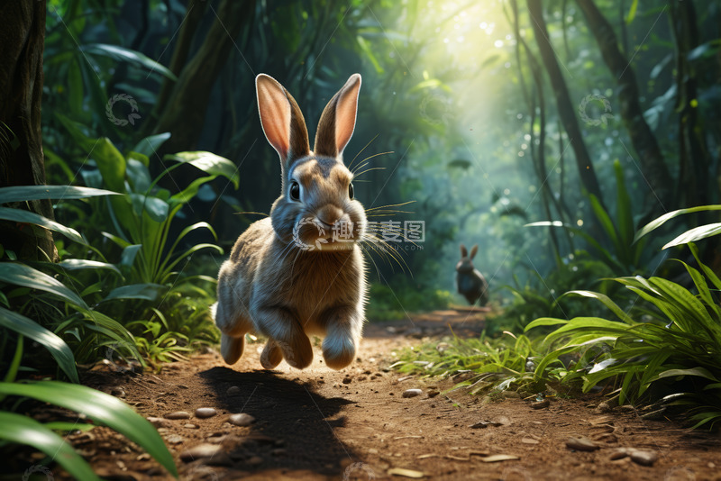 高清大图下载【趣麦麦图】森林中奔跑的兔子