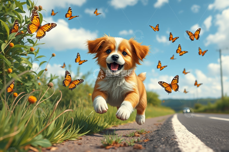 高清大图下载【趣麦麦图】小狗在路边追逐蝴蝶