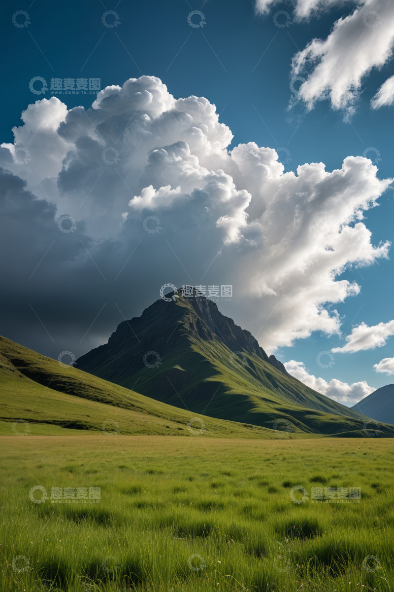 高清大图下载【趣麦麦图】草原青山与蓝天白云风景