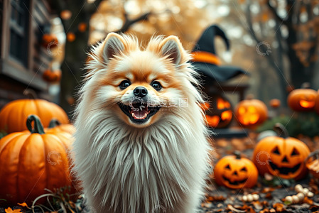 万圣节场景中的可爱博美犬