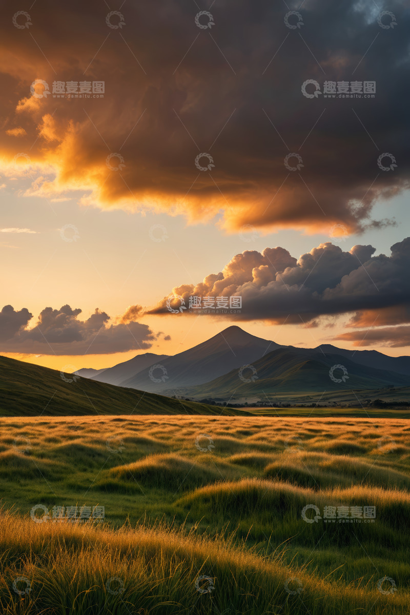 高清大图下载【趣麦麦图】夕阳下草原与远山风景