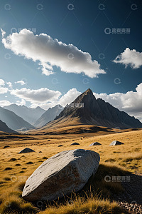 户外山地草原与巨石风景