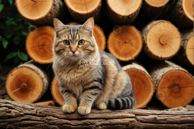 高清大图下载【趣麦麦图】木堆前的猫咪特写