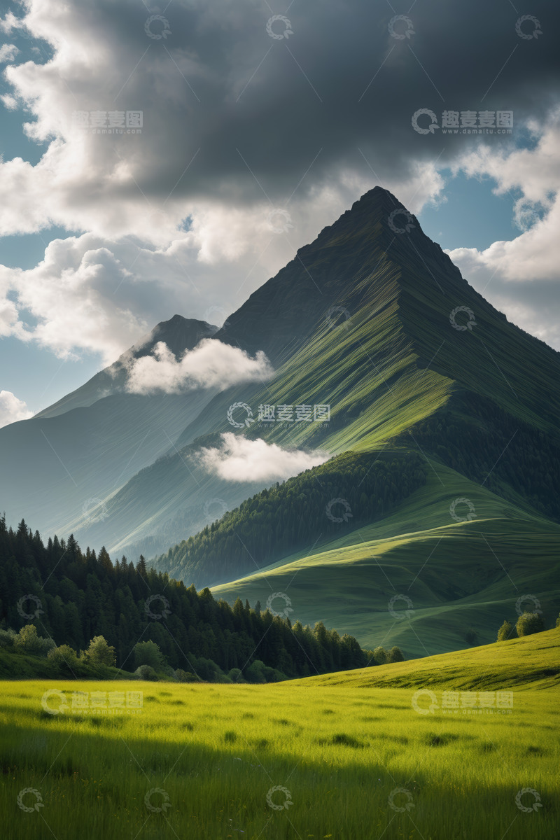 高清大图下载【趣麦麦图】山间草地与云雾缭绕的山峰