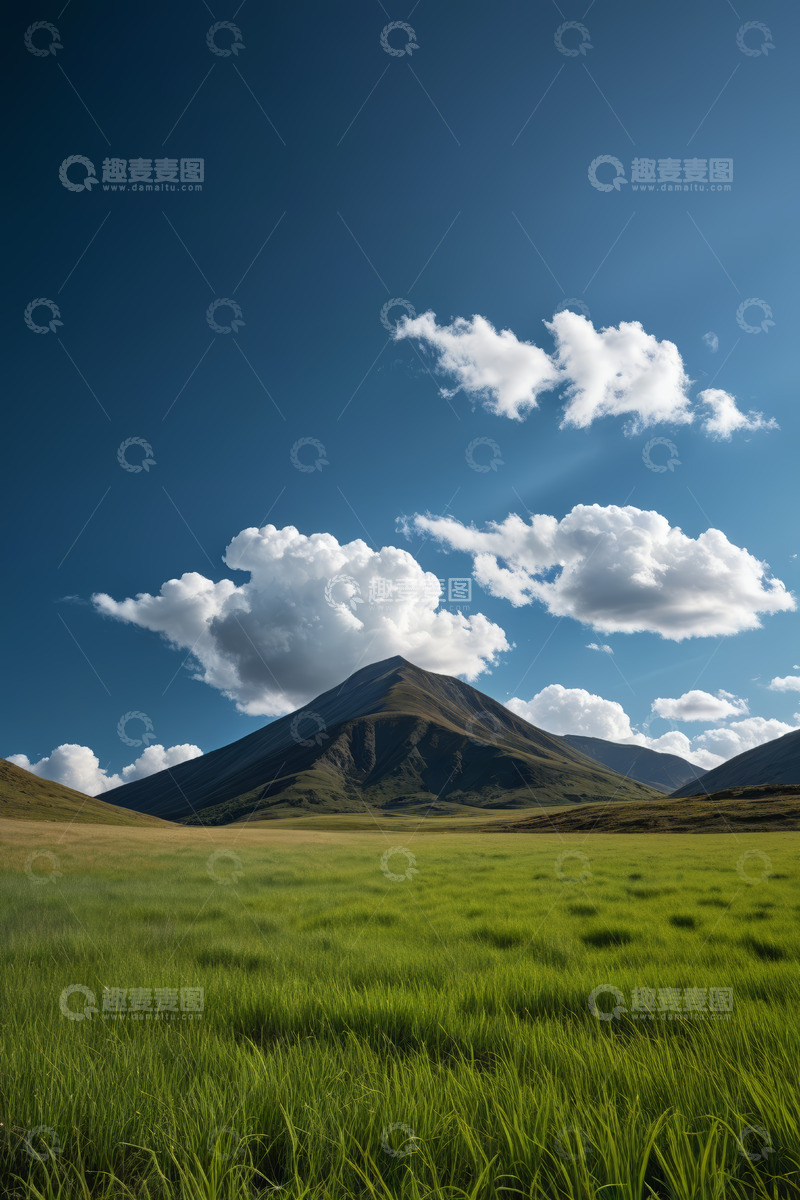 高清大图下载【趣麦麦图】蓝天白云下的草原与远山景观