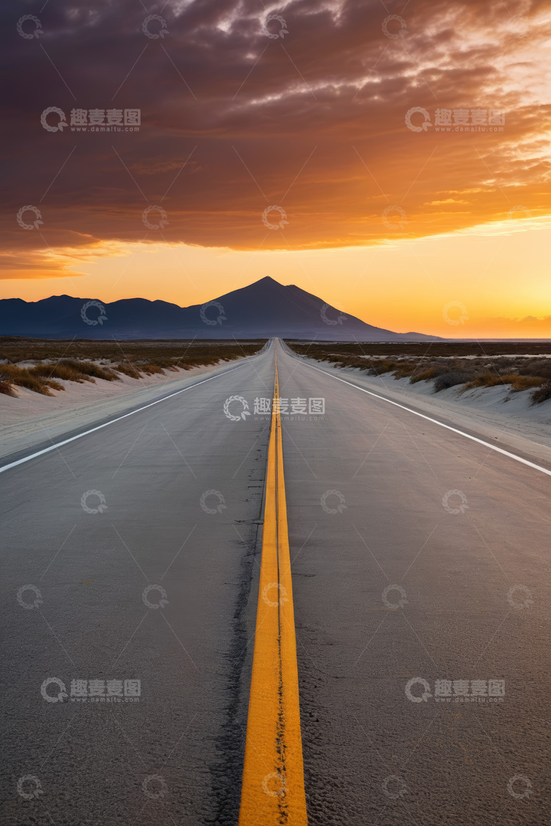 高清大图下载【趣麦麦图】旷野公路与日落山脉景观