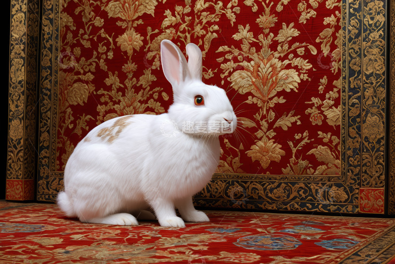 高清大图下载【趣麦麦图】中式背景前的白兔