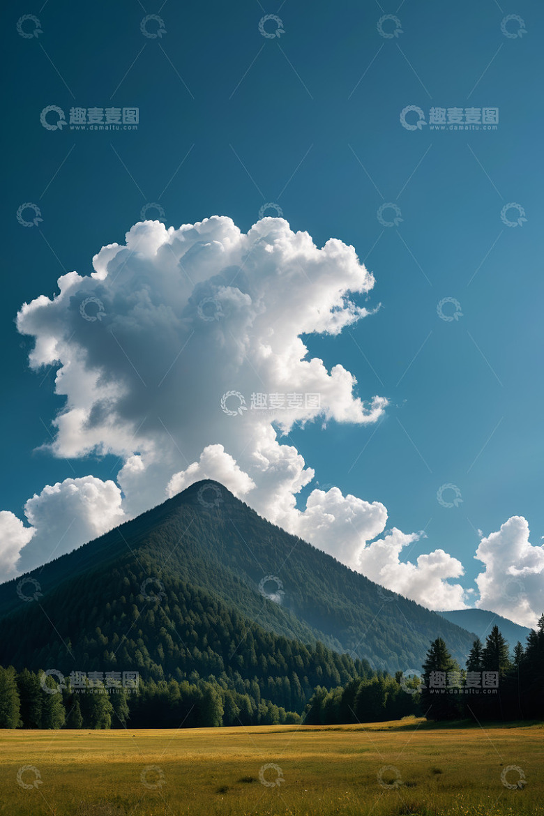 蓝天白云下的山林与草地景观