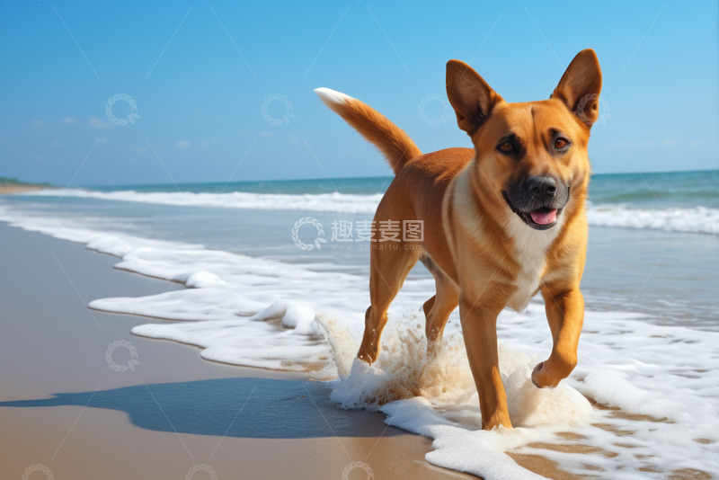 高清大图下载【趣麦麦图】海滩上奔跑的狗