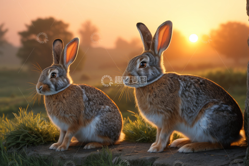 高清大图下载【趣麦麦图】夕阳下草地上的两只兔子