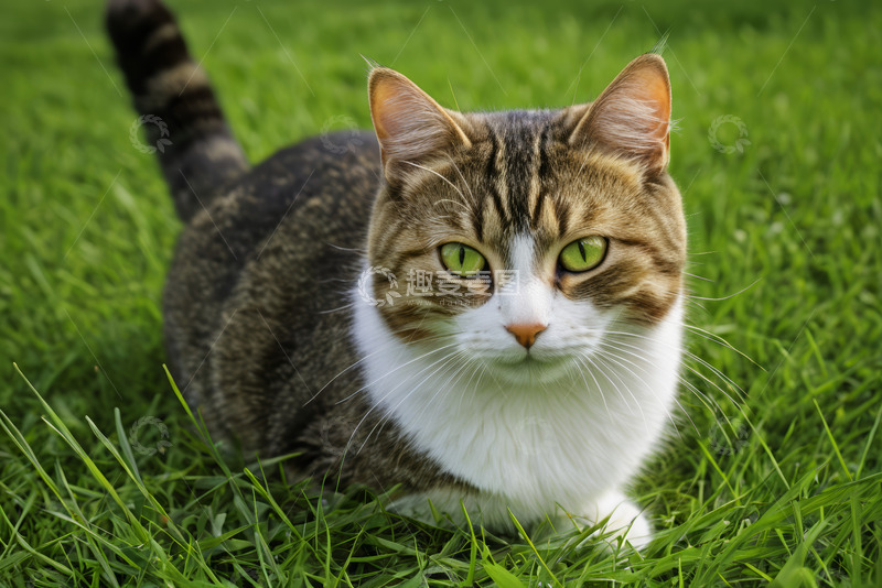 高清大图下载【趣麦麦图】草地上的花猫特写