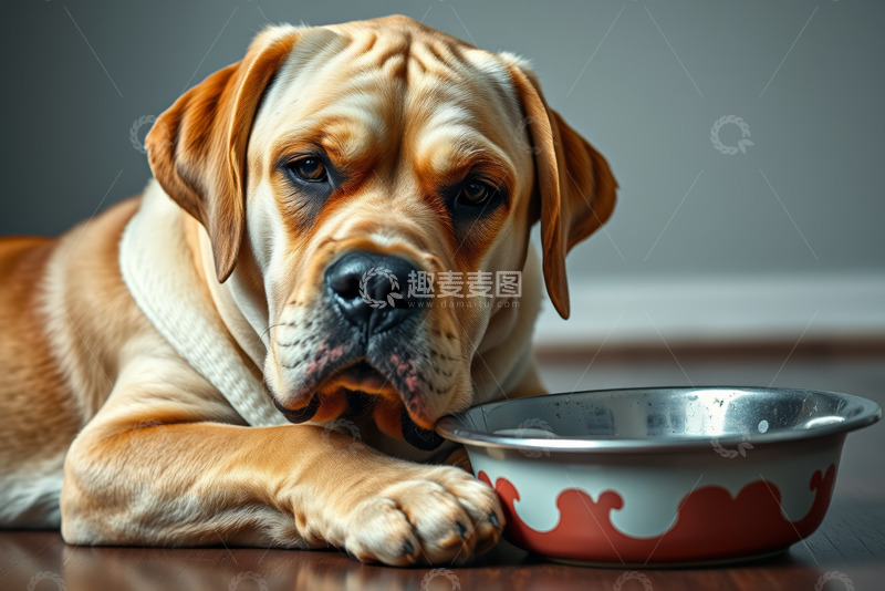 高清大图下载【趣麦麦图】趴在食盆边的大狗特写