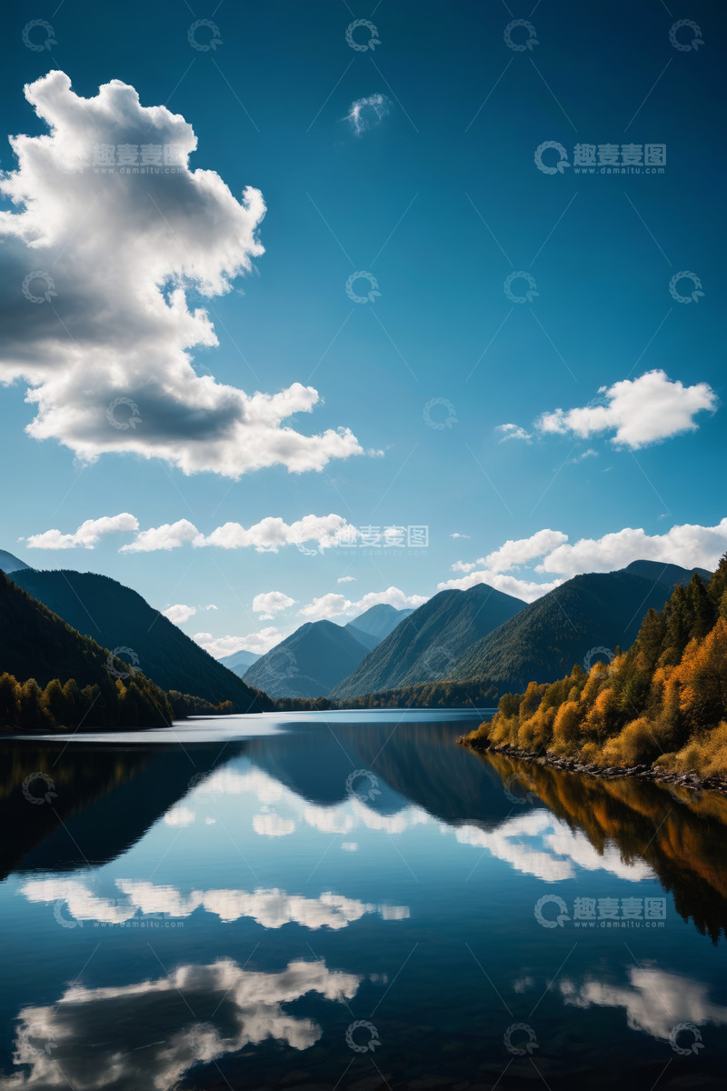 高清大图下载【趣麦麦图】蓝天白云下的山水湖泊风光