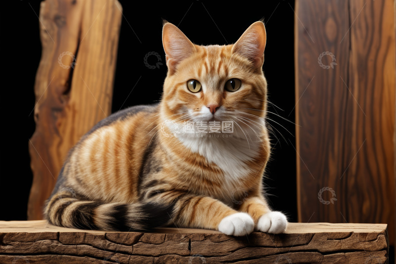 高清大图下载【趣麦麦图】虎斑猫坐于木头上特写