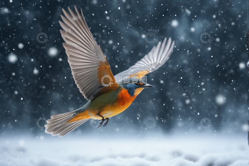 高清大图下载【趣麦麦图】雪中展翅飞翔的彩色小鸟