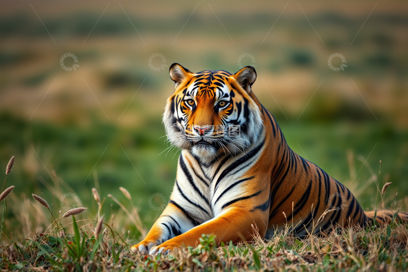 高清大图下载【趣麦麦图】草原中休憩的老虎