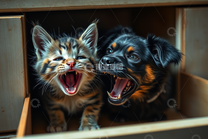 高清大图下载【趣麦麦图】抽屉里张嘴的小猫和小狗