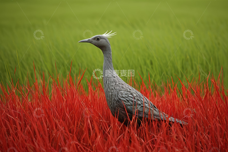 高清大图下载【趣麦麦图】站在红色草丛中的灰鸟